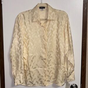 Vintage Pure Silk Champagne Blouse Art Deco Jacquard Button Front 14 Old Money
